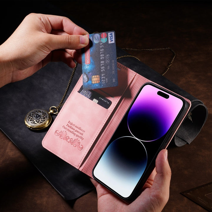 Male pulling out credit card from iphone 15 case with cardholder