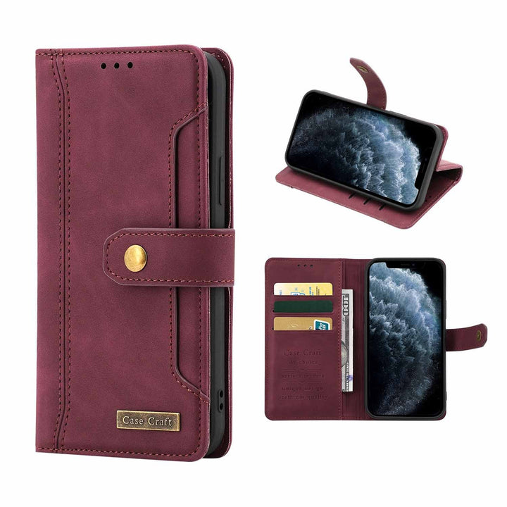 Purple version of iPhone X Case with Card Holder – Magnetic Snap Protection Flap Wallet Leather Case - with different angles of open and close