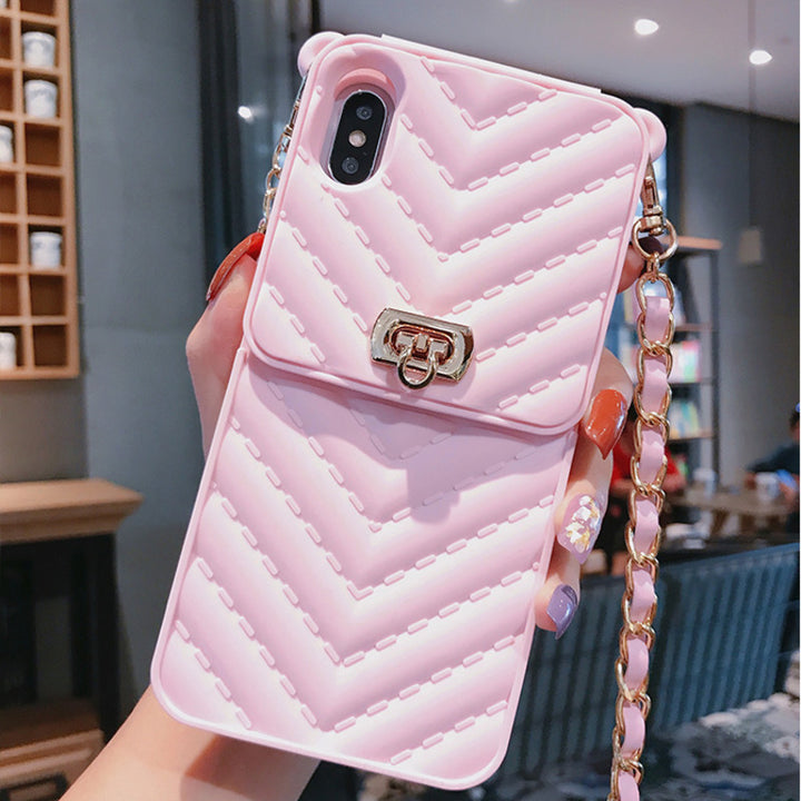 Pink iPhone X Case with Card Holder - closed position with female gripping the sides