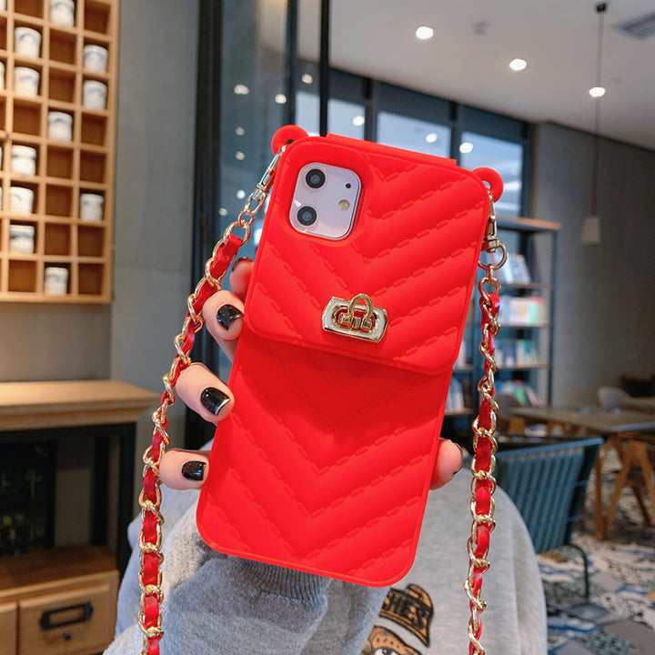 Red iPhone X Case with Card Holder - closed position with female gripping the sides