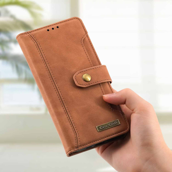 Female holding a Brown version of iPhone X Case with Card Holder – Magnetic Snap Protection Flap Wallet Leather Case