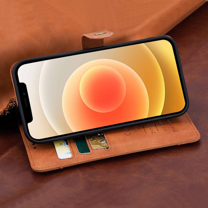 Brown version of iPhone X Case with Card Holder – Magnetic Snap Protection Flap Wallet Leather Case - flat angle