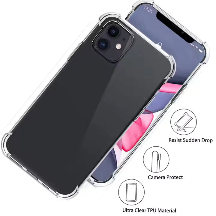 iPhone 15 pro Case – Anti-Scratch Ultra Clear Soft TPU Silicone Cover - diagram of resistant drop, camera protection and ultra clear material