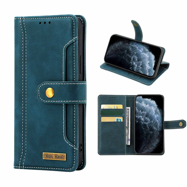 Green version of iPhone X Case with Card Holder – Magnetic Snap Protection Flap Wallet Leather Case - different angles