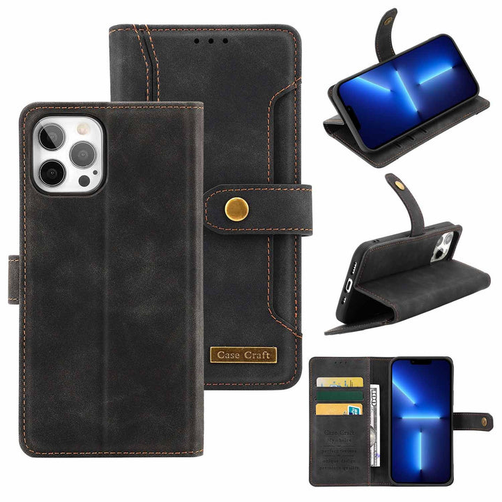 Black version of iPhone X Case with Card Holder – Magnetic Snap Protection Flap Wallet Leather Case - different positions of the phone