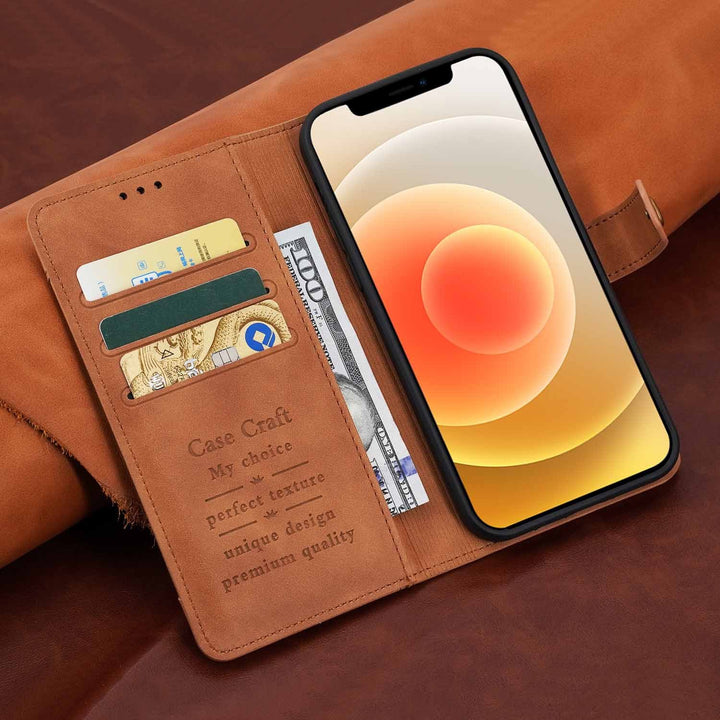 Brown version of iPhone X Case with Card Holder – Magnetic Snap Protection Flap Wallet Leather Case - opened with wallet cards on left.